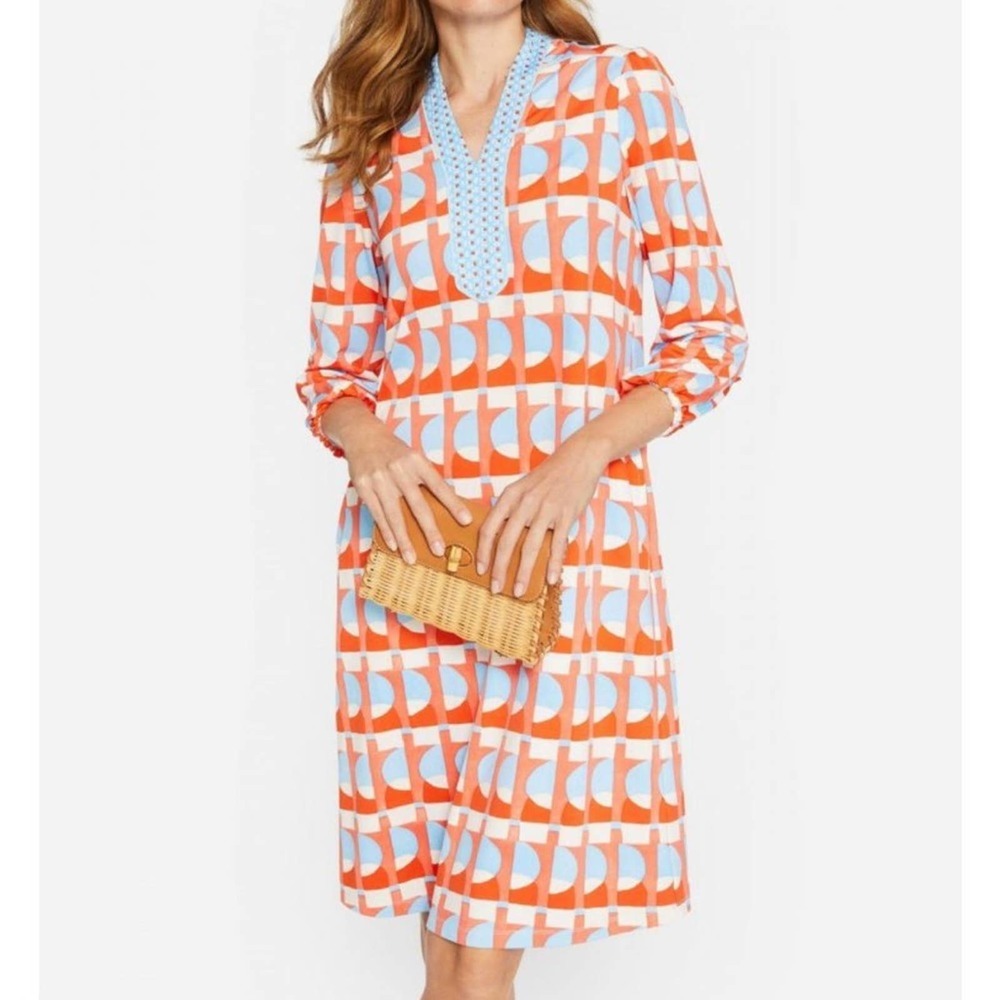 J. McLaughlin Emer Dress in Eclipse Texture Coral Blue Geometric Print Large